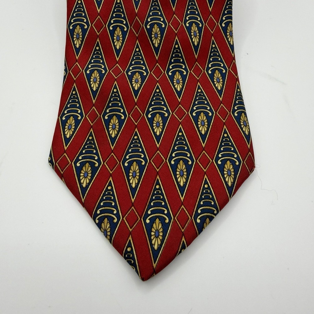 Vintage Christian Dior Cravate Tie Red Navy Gold Geometric Silk Made Italy 4"